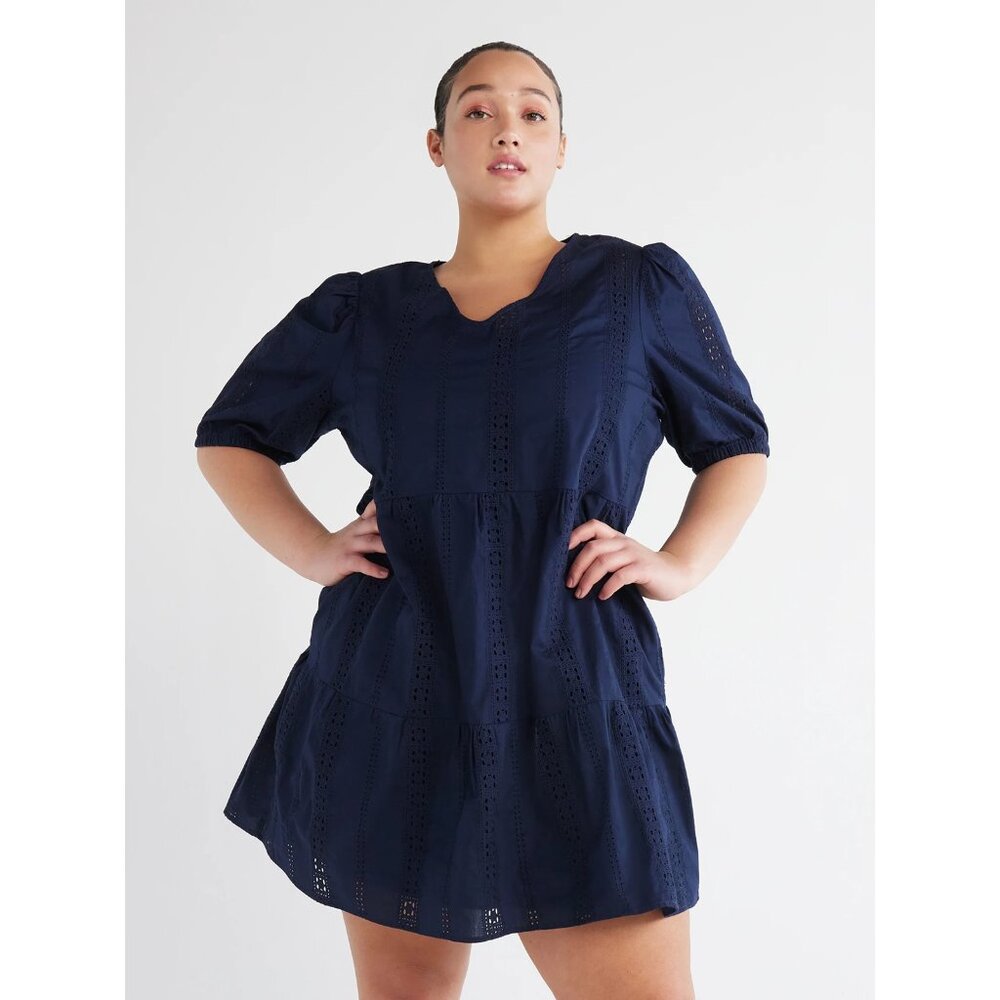TIME AND TRU Women's Plus XXL (20) Eyelet Mini Dress with Puff Sleeves Navy Blue